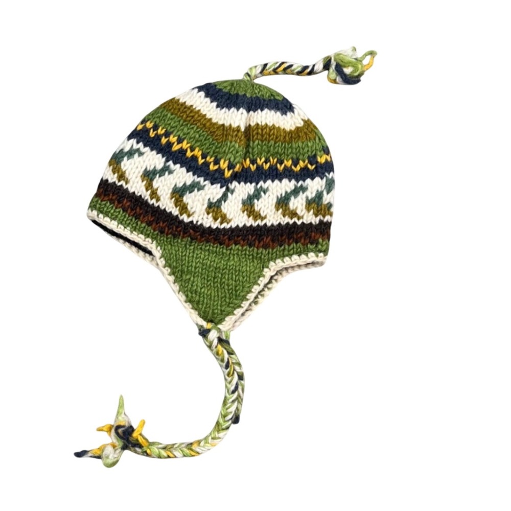 Handmade 100% Wool Fleece Lined Earflap Beanie Hat Nepal Fair Isle Green Navy